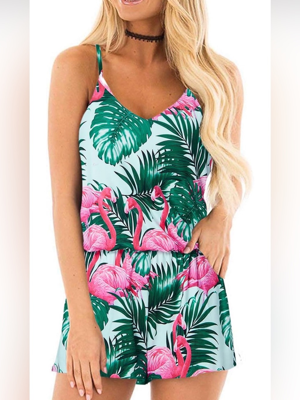 Pink Flamingo Tropical Romper with pockets size small - Picture 6 of 6